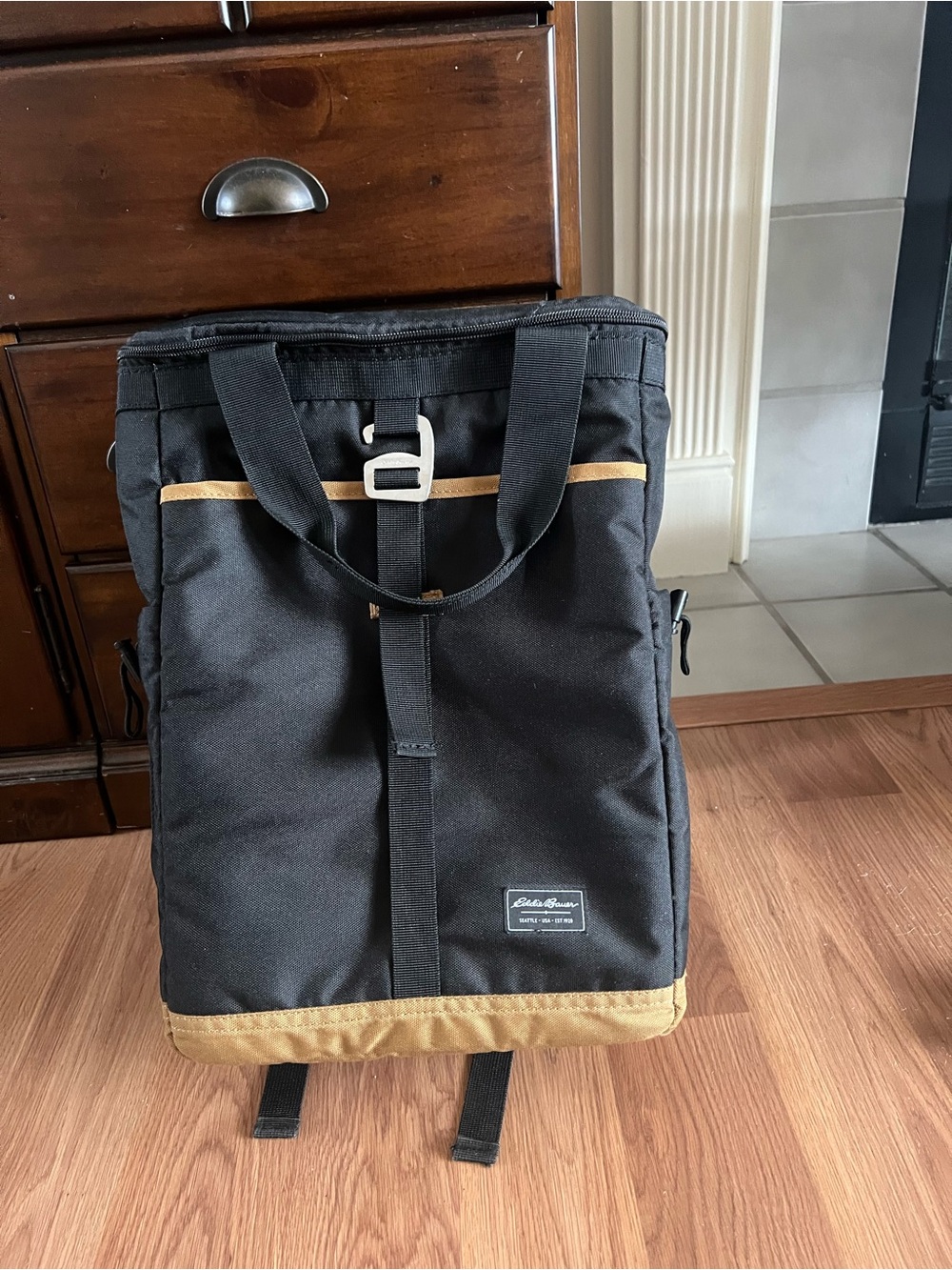 Eddie Bauer Black with Tan Accent Roll-Top Backpack